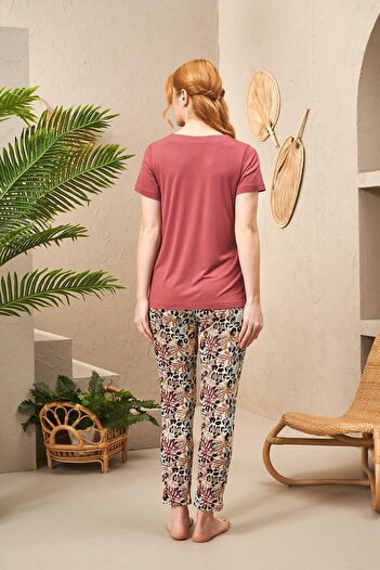 PJS 25176 Women's V-neck Patterned Short Sleeve Pajamas Set