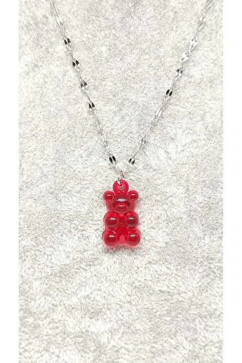 TUNA TAKI & AKSESUAR Stainless Steel Chain Teddy Bear and Jelly Bean Necklace - Teen and Gift Necklace