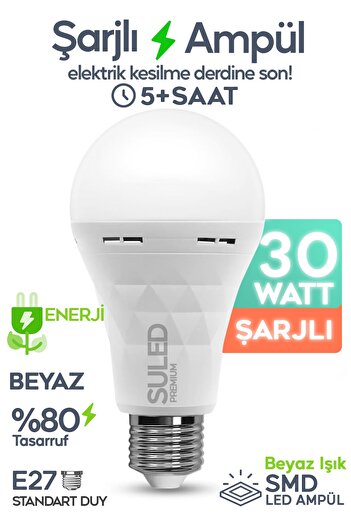SULED Şarjlı Ampül 30w Ultra Acil Durum & Kamp Işığı 220v Beyaz E27 Duy Otomatik %80 Tasarruflu