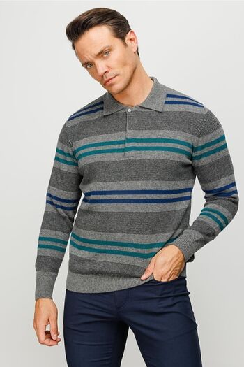 Desen Triko Men's Polo Collar Colored Striped Thick Wool Sweater Smoked
