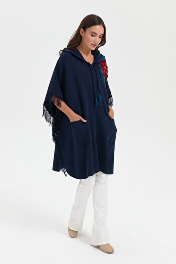 Desen Triko Navy Blue Shoulder Floral Hooded Women's Poncho