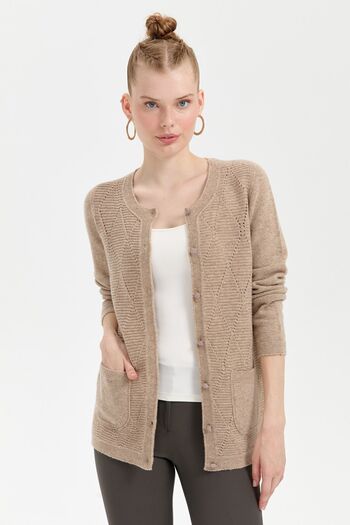 Desen Triko Beige Women's Wool Cardigan - Zero Collar and Front Diamond Seamless Knit