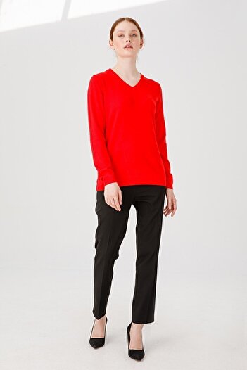 Desen Triko Women's Lycra Long Sleeve Basic V-Neck Blouse Coral