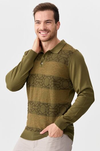 Desen Triko Men's Polo Collar Front Patterned Sweater A.khaki