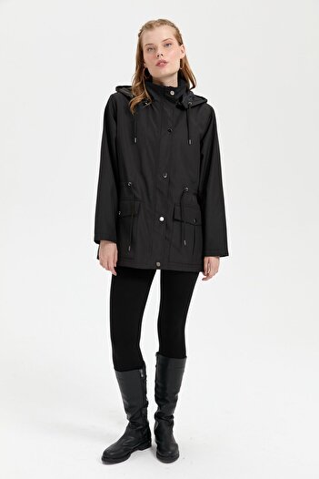 Desen Triko Women's Black Trench Coat - Hooded, Flap Pocket, Short