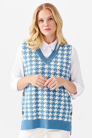 Desen Triko Women's V-Neck Houndstooth Patterned Sweater Blue