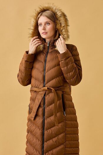 Desen Triko Women's Hooded Fur Down Inflatable Long Quilted Coat Copper
