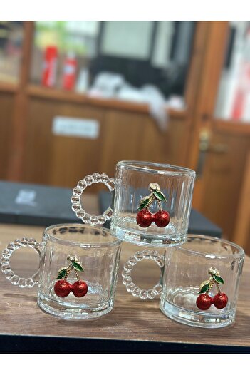 Hediye Köşkü 300ml Set of 3 Glass Mug with Cherry and Beads Tea Coffee Glass
