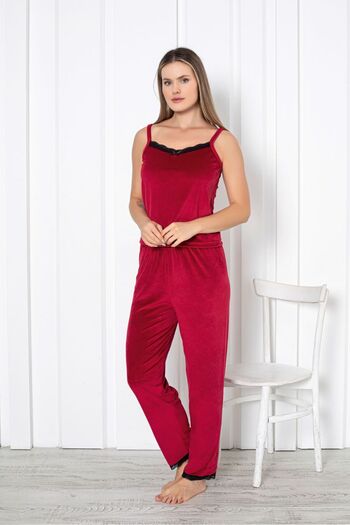 Farya Home Dreamy Lace Detailed Velvet 3-Piece Pajama Set with Dressing Gown Claret Red