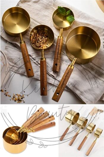 Kitchen Beauty 4 Adet Büyük Boy Paslanmaz Çelik Ahşap Saplı Ölçü Kaşığı Seti Ölçü Kabı 60ml 80ml 125ml 250ml