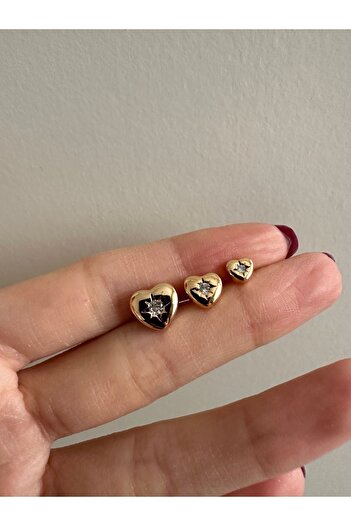 ringbox Gold 3'lü Büyükten Küçüğe Kalp Küpe
