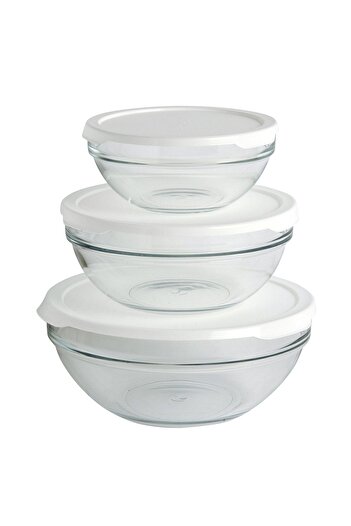 Paşabahçe Glass Chefs 3-Piece Bowl Storage Container White Lid or Blue Lid Fma07094 Pş97314
