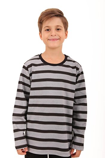 Perendi 2'li Bisiklet Yaka Uzun Kollu Çizgili Ve Düz Unisex Çocuk Tshirt Siyah Gri-siyah