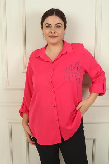 By Saygı Stone Detailed Crepe Satin Large Size Women's Shirt - Sleeve Folded