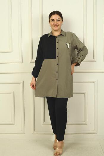 By Saygı Color Blocked Large Size Long Women's Shirt - Sleeve Folded