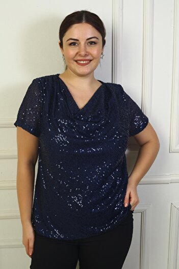 By Saygı Plus Size Sequin Blouse - Degaje Collar and Lined