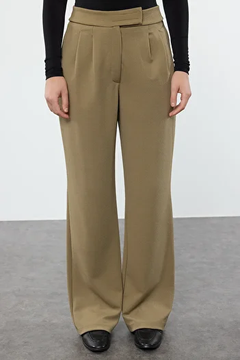 Trendyol Collection High Waist and Velcro Closure Wide Leg Trousers - Dark Khaki Twoaw24pl00177