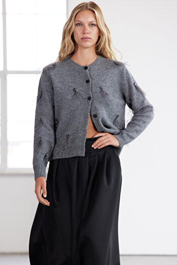 Trendyol Collection Anthracite Color Limited Edition Soft Textured Stone and Feather Detailed Knitwear Cardigan - Twoaw25Hi00320