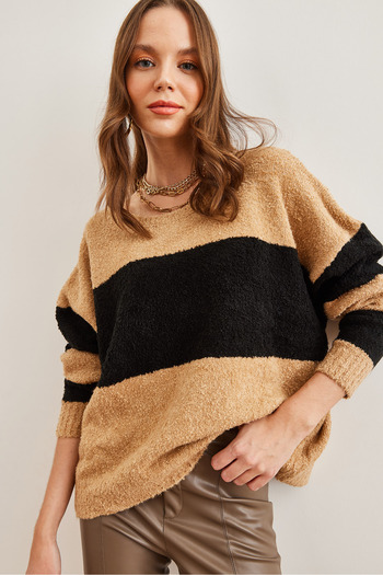 Olalook Camel Colored Soft Knitwear Sweater - Kzk with Thick Stripe Detail 19000823