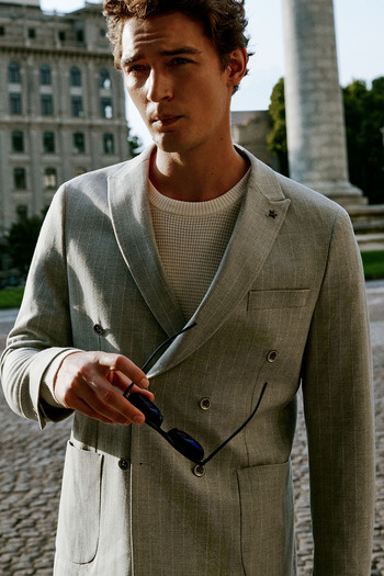 ALTINYILDIZ CLASSICS Men's Grey-Beige Striped Slim Fit Double Breasted Jacket - Swallow Collar, Bag Pocket
