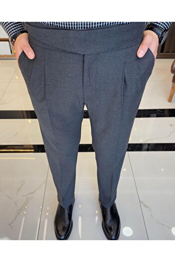 TerziAdemAltun Anthracite Italian style waist detailed pleated men's trousers - T11052