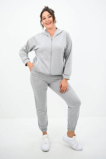 Koza Butik Дамски спортен костюм с качулка и украса с камъни, голям размер - 8129-25