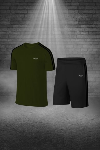 POSEIDON STORM Plus Size Men's Khaki Dri-Fit Fabric Crew Neck T-Shirt Shorts with Pockets for Walking and Running Double Bottom Top