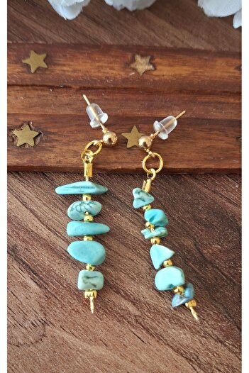 azra takı tasarım Handmade Broken Stone, Natural Stone, Blue Turquoise, Women's Dangle Earrings