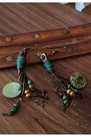 azra takı tasarım Handmade Authentic Bohemian Women's Dangle Women's Coffee, Green, Earrings