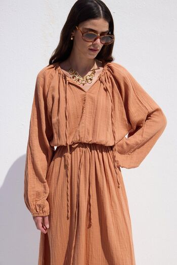 Manuka Orange Muslin Dress - with Tie Detail