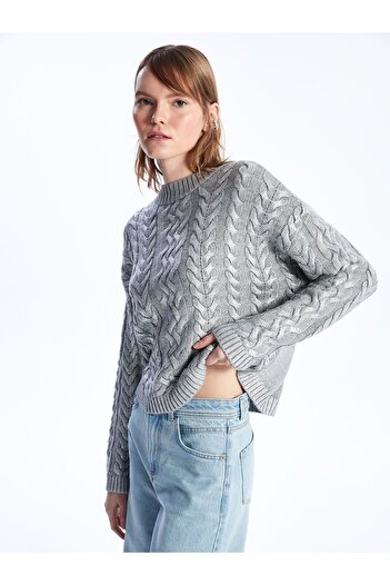 Dexia Bari - Crew Neck, Φύλλο εμπριμέ, Πλεκτό Πλεκτό Πουλόβερ με μοτίβο μαλλιών - Ασημί χρώμα