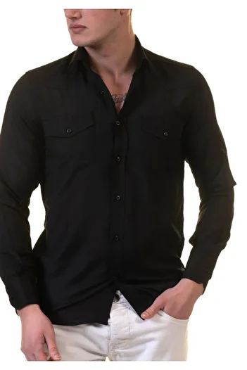 Exve Exclusive Black Single Color Cotton Lycra Double Pocket Flap Slim Fit Western Shirt