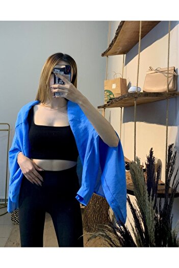 Jolinbutik Bol Kesim Oversize Standart Beden Tensel Kumaş Mavi Gömlek