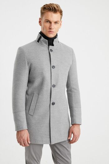 DYNAMO Men's Gray Quilted Lined Wool Blended Cashmere Coat
