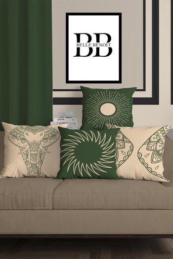 Belle Benoit Green Beige Digital Printed 4-Piece Pillowcase, Throw Pillow Cover and American Service Runner Set