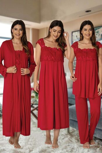 Effort Pijama Cherry Lace Cotton Dressing Gown Pajamas Set for Pregnant and Maternity - Nightgown Set of 4