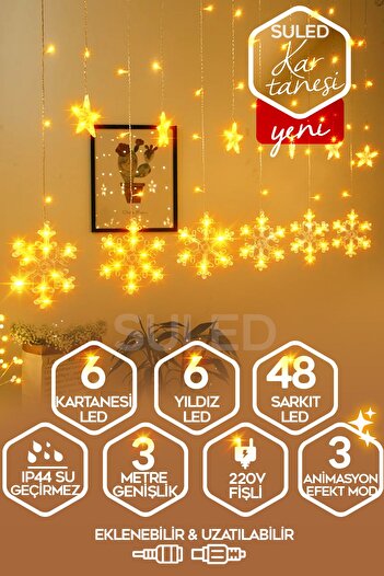 SULED Kar Tanesi Led Sarkıt Oda Parti Kutlama Dekor Süsleme Ledi 3 Metre 3mod 220v Sarı Led Işık