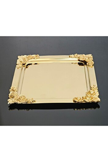 atabey home collection 2'Lİ Kahve & Çay & Sunum Tepsisi Metal Döküm Kare Gold Tepsi Gül Model