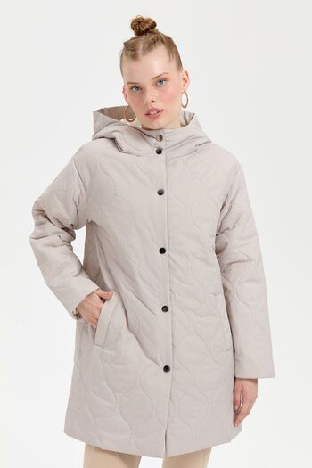 Desen Triko Onion Patterned Quilted Coat - Women's, Hooded and Stone Color