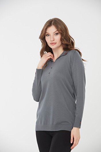 Desen Triko Women's Polo Neck Embroidered Sweater Smoked