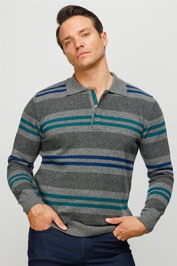 Desen Triko Men's Polo Collar Colored Striped Thick Wool Sweater Smoked