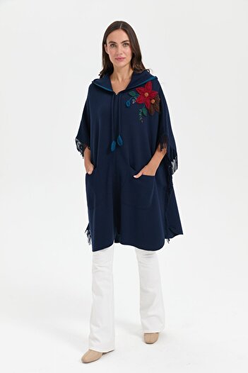 Desen Triko Navy Blue Shoulder Floral Hooded Women's Poncho