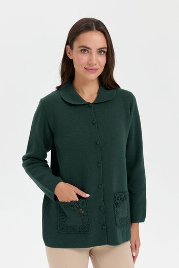 Desen Triko Green Women's Polo Collar Rose Embroidered Short Wool Cardigan