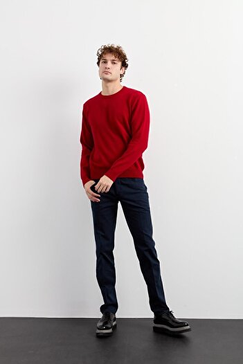 Desen Triko Men's Crew Neck Classic Wool Sweater Red.