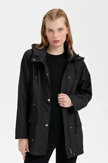 Desen Triko Women's Black Trench Coat - Hooded, Flap Pocket, Short