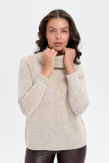 Desen Triko V.beige Women's Woolen Sweater - Degaje Collar, Thessaloniki Knit, Seamless