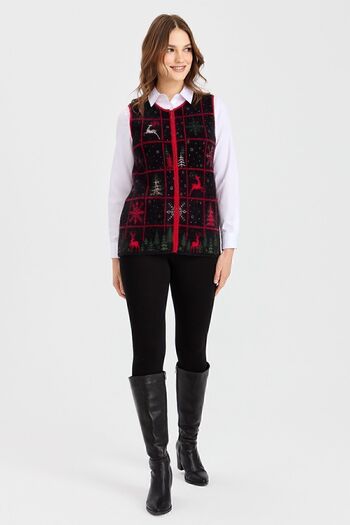 Desen Triko Women's Crew Neck Patchwork New Year Patterned Vest Black