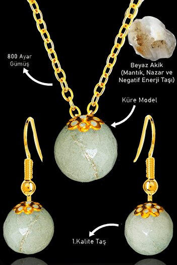 Erilsa Gold Colored Globe Model White Agate Stone Necklace and Silver Apparatus Earring Set
