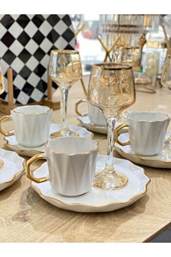 Carmen Soft Yenimodel 6-Piece Grazia Special Series Coffee Cup Set with Presentation Plate White