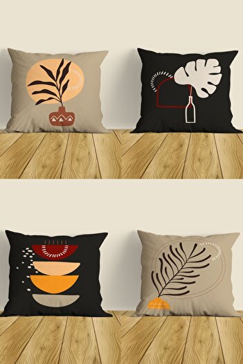 Belle Benoit Bohemian Beige Anthracite Double Sided Printed Decorative 4-Piece Seat Pillowcase Cushion Cover Set